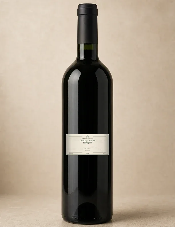 Retrato editorial da garrafa com rótulo de casa de Stag’s Leap Wine Cellars CASK 23 Cabernet Sauvignon