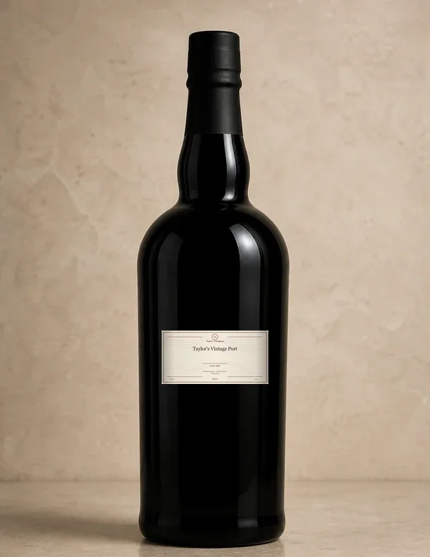 Retrato editorial da garrafa com rótulo de casa de Taylor Fladgate Taylor’s Vintage Port